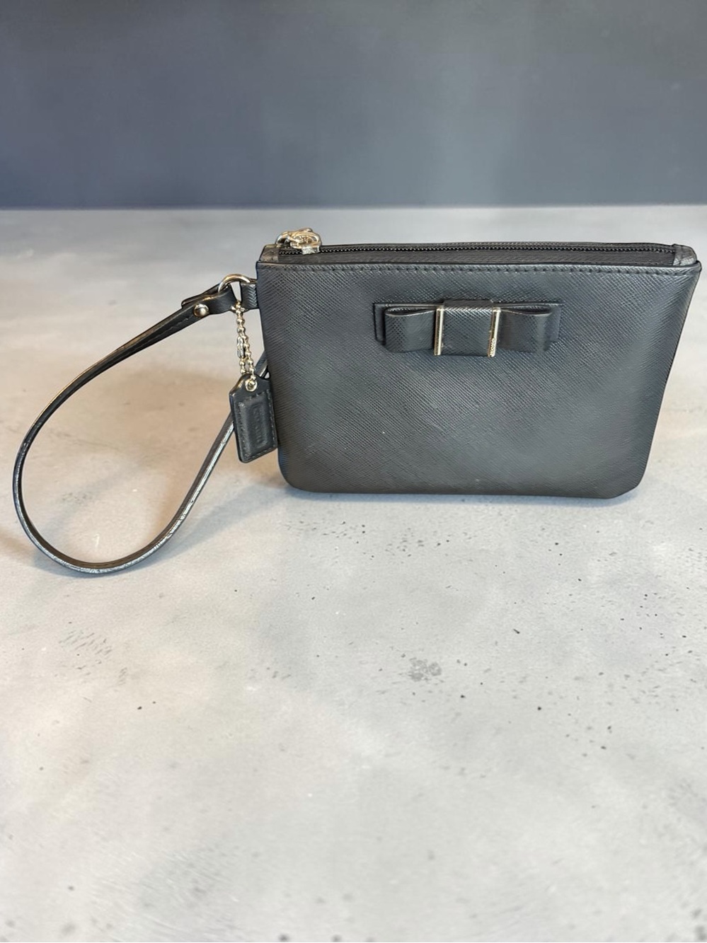 Coach Black Saffiano Leather Bow Accent Wristlet Pouch